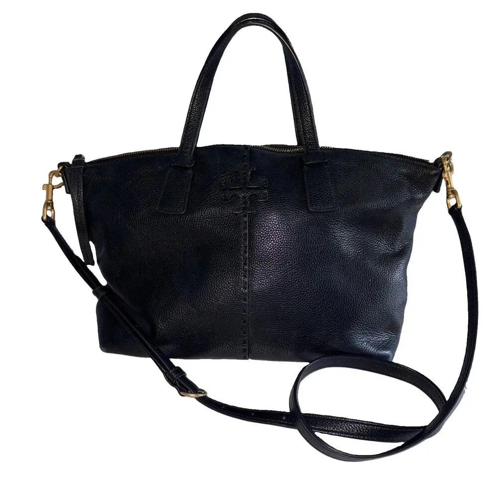 Tory Burch Black Pebbled Leather McGraw Top-Zip Satchel Crossbody Bag